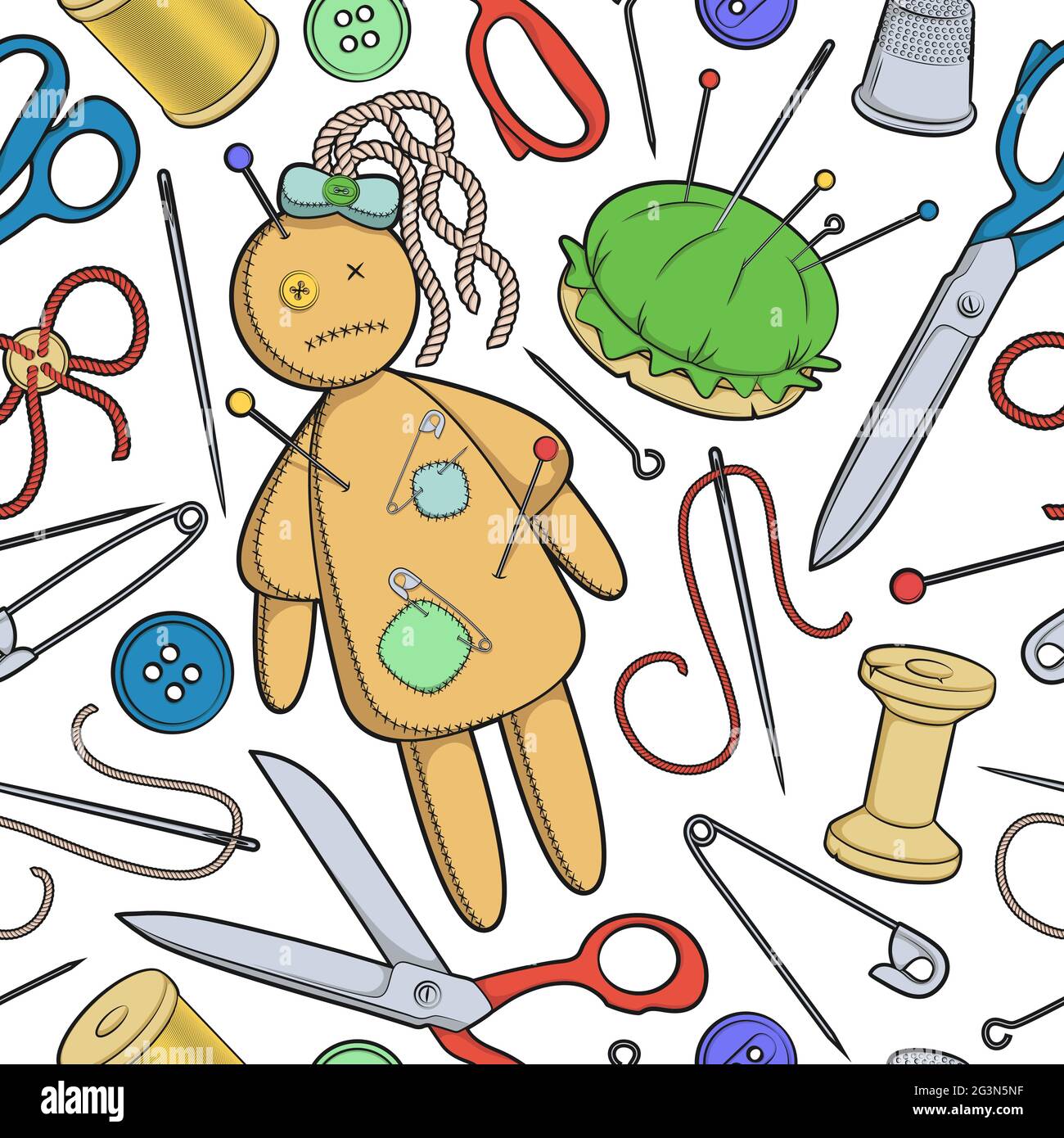 Vektor nahtloses Muster mit Nähutensilien und einer Stoffpuppe. Stock Vektor