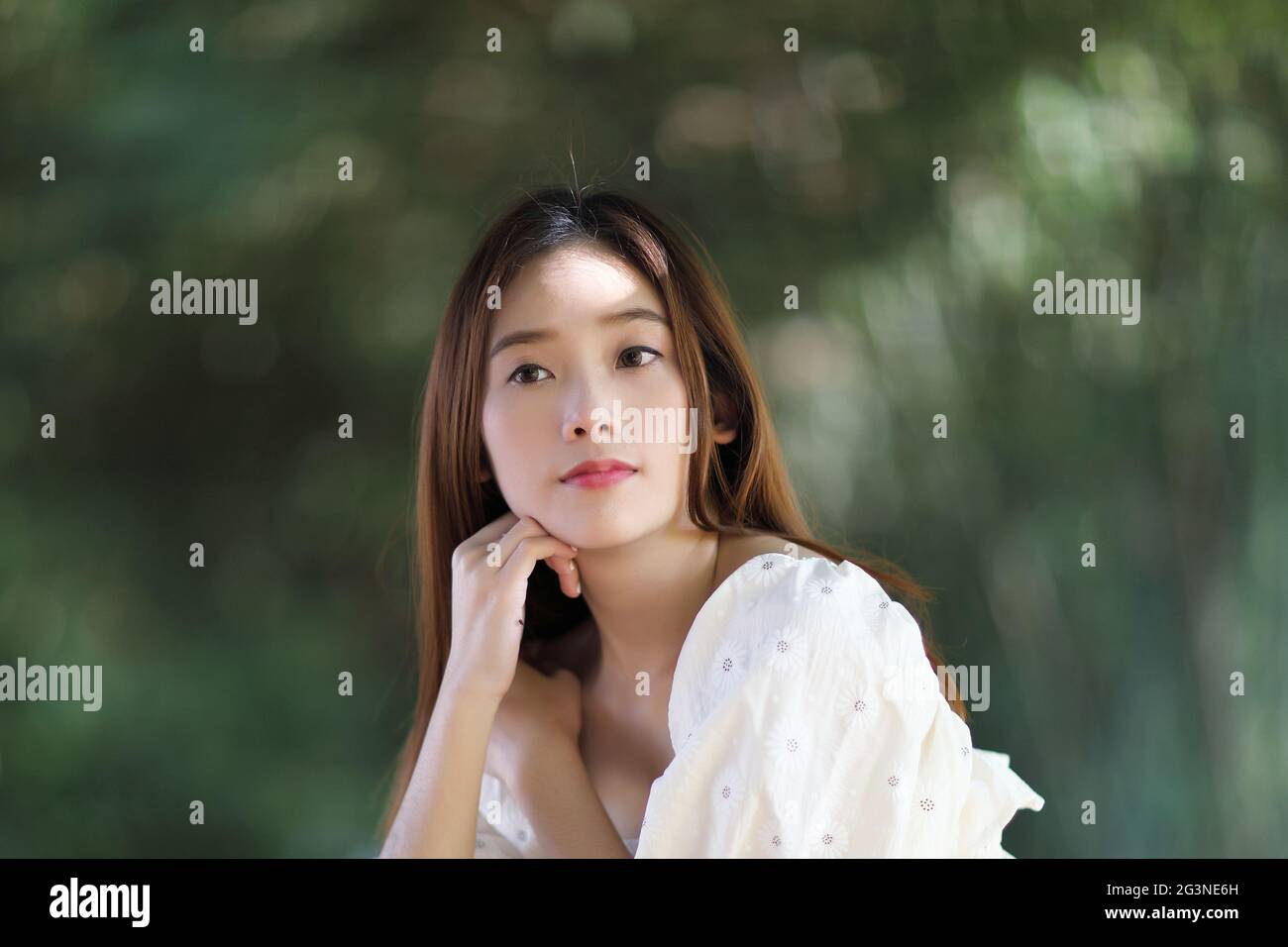 Schöne junge Frau mit weißem Kleid auf Bambus Wald Hintergrund Stockfoto