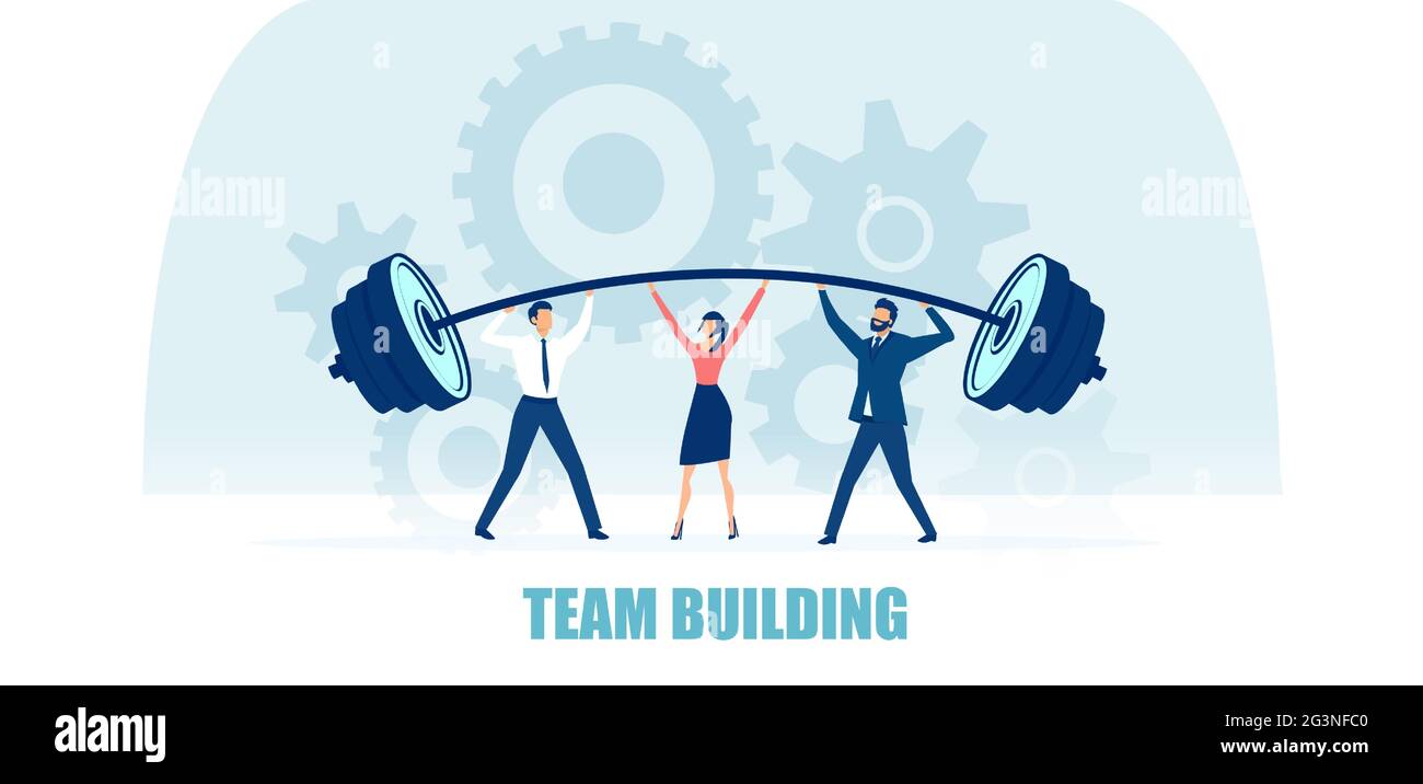 Vector eines Business-Teams zwei Männer und eine Frau heben schwere Stange zusammen. Teambuilding-Konzept Stock Vektor
