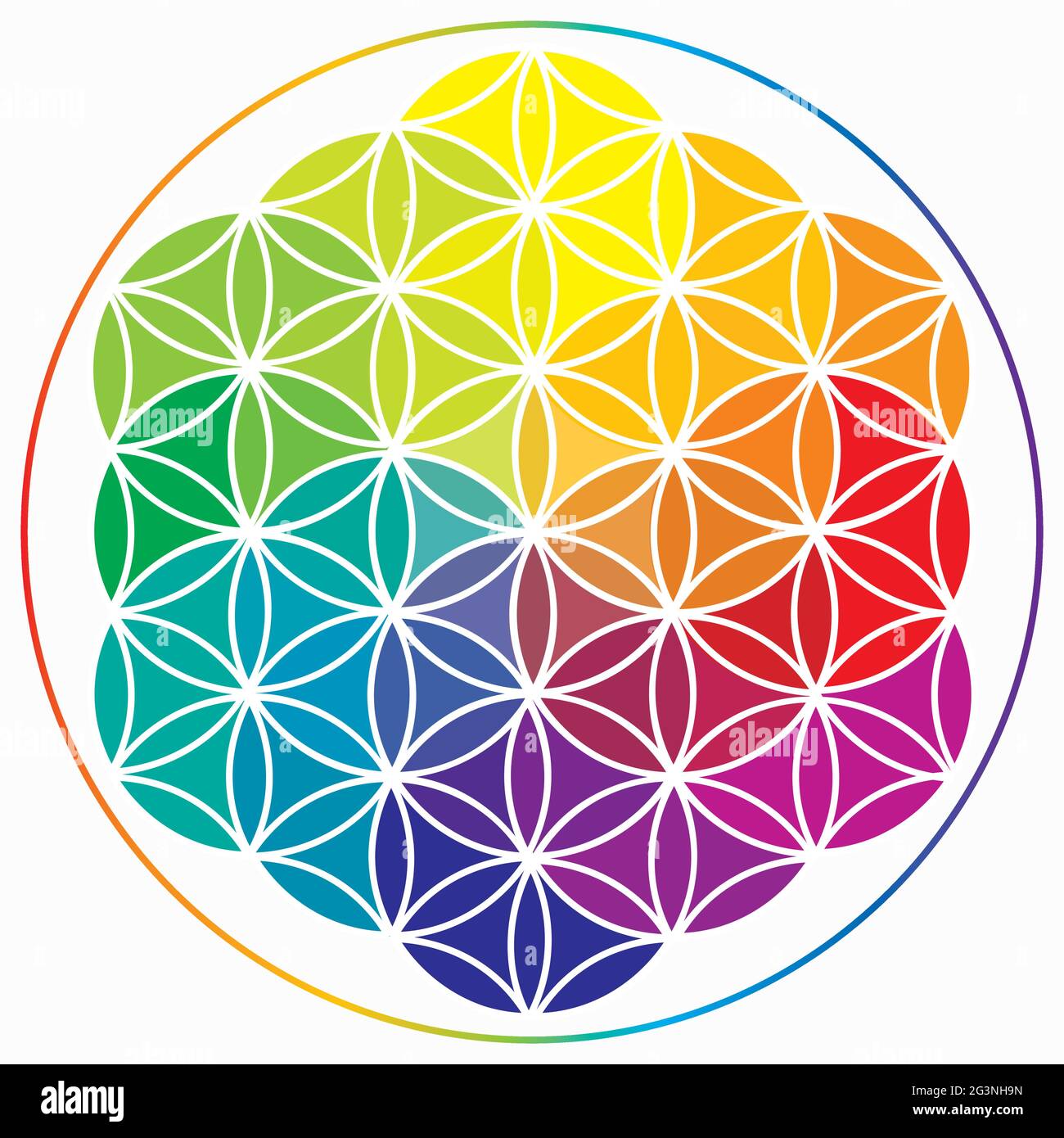 Blume des Lebens Symbol in Regenbogenfarben, kosmisches Universum Energie Rad Stock Vektor