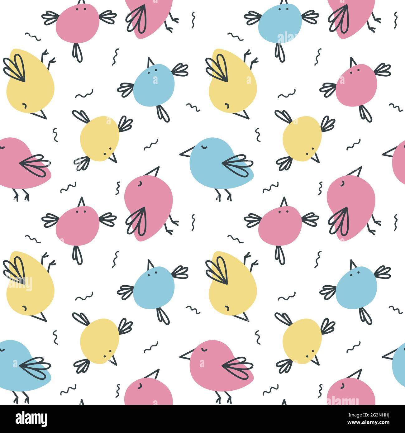Coole nahtlose bunte Muster mit lustigen Doodle Vögel. Niedliches Textildesign für Kleidung, Bettwäsche, Bezüge, Kindertapete, Geschenkpapier. Stock Vektor