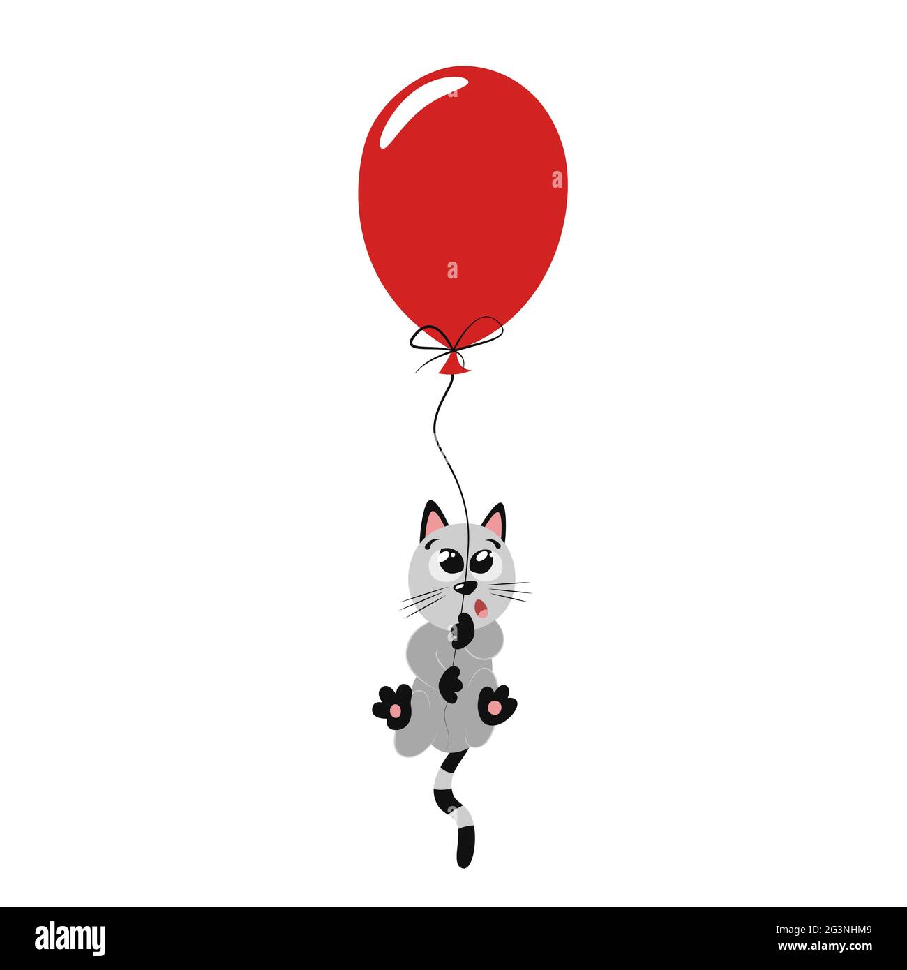 Niedliche lustige graue Kätzchen fliegen auf einem roten Ballon. Schöne helle flache Illustration für Kinderzimmer-Dekor. Cooler Aufdruck für Kinder. Poster Design für Kinder Stock Vektor