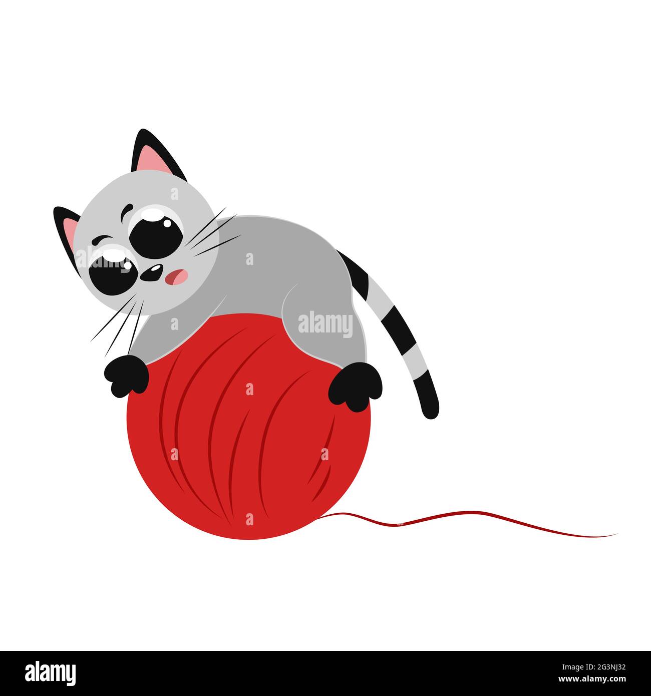 Nette lustige graue kleine Katze, die mit einem großen Ball aus roten Fäden spielt. Schöne farbige flache Illustration für Kinderzimmer-Dekor. Poster Design für Kinder Stock Vektor