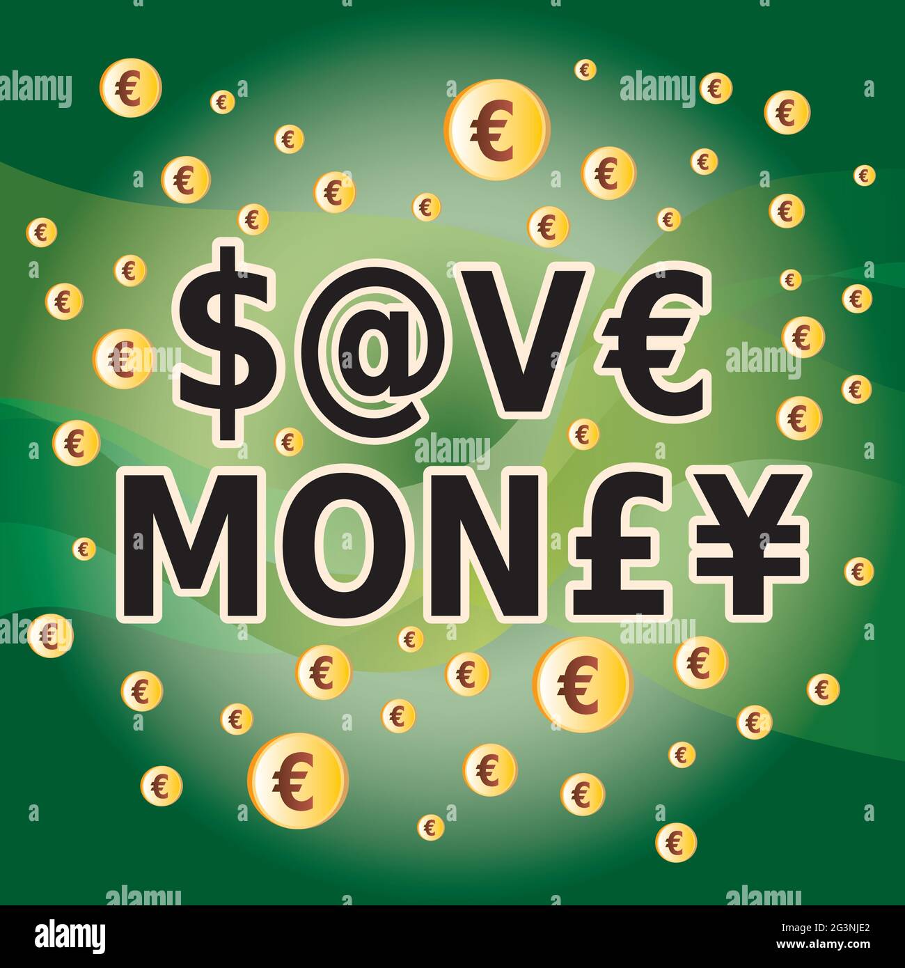 Sparen Sie Geld Buchstaben und Geld Währungssymbole mit Dollar, Yen, Euro und Pfund auf grünem Hintergrund Stock Vektor