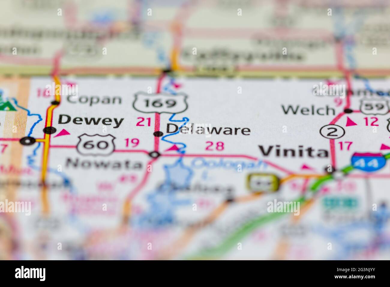 Delaware Oklahoma USA auf einer Geographie- oder Straßenkarte angezeigt Stockfoto