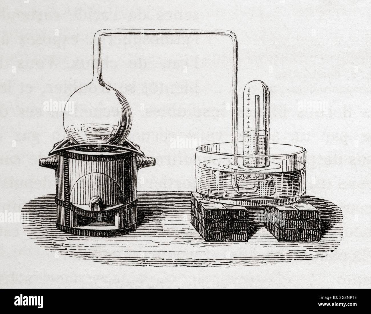 Lavoisiers Apparatur zur Analyse der Luft. Antoine-Laurent de Lavoisier, 1743. – 8. Mai 1794, alias Antoine Lavoisier. Französischer Adliger und Chemiker. Aus Le Savant du Foyer ou Notions Scientifiques Sur Les Objets Usuels de la Vie, veröffentlicht 1864 Stockfoto