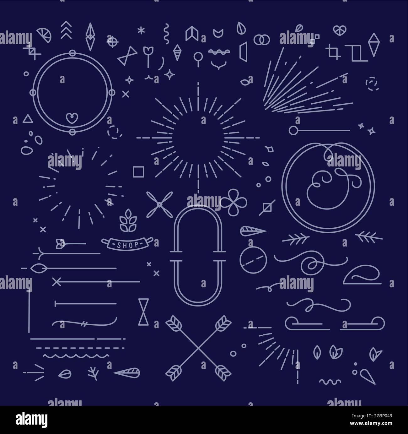 Flache Designelemente in Vintage-Stil Zeichnung mit grauen Linien auf blauem Hintergrund Stock Vektor