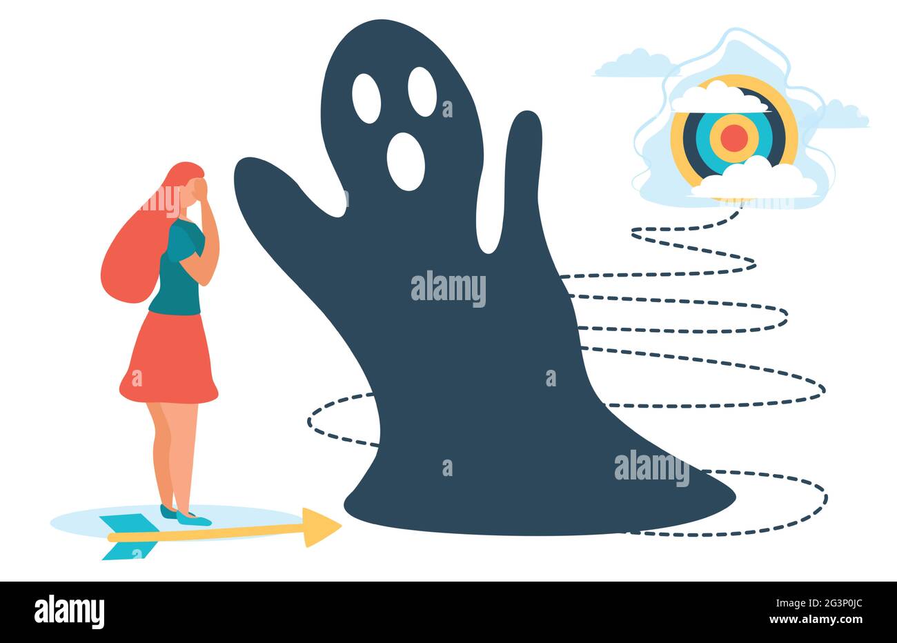 Eine Frau angesichts von Ängsten. Angst erlaubt es euch nicht, auf das Ziel zuzugehen. Ängste und Einschränkungen im Kopf, in Gedanken, im Gehirn. Stock Vektor