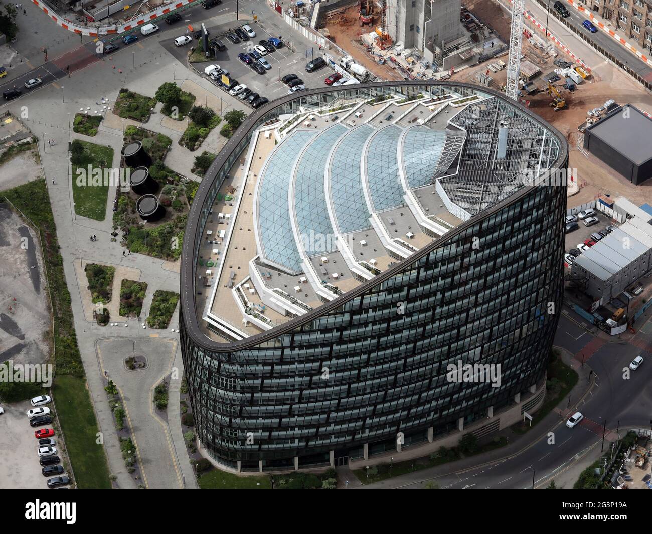 Luftaufnahme des Co-op-Hauptquartiers am 1 Angel Square, Manchester Stockfoto