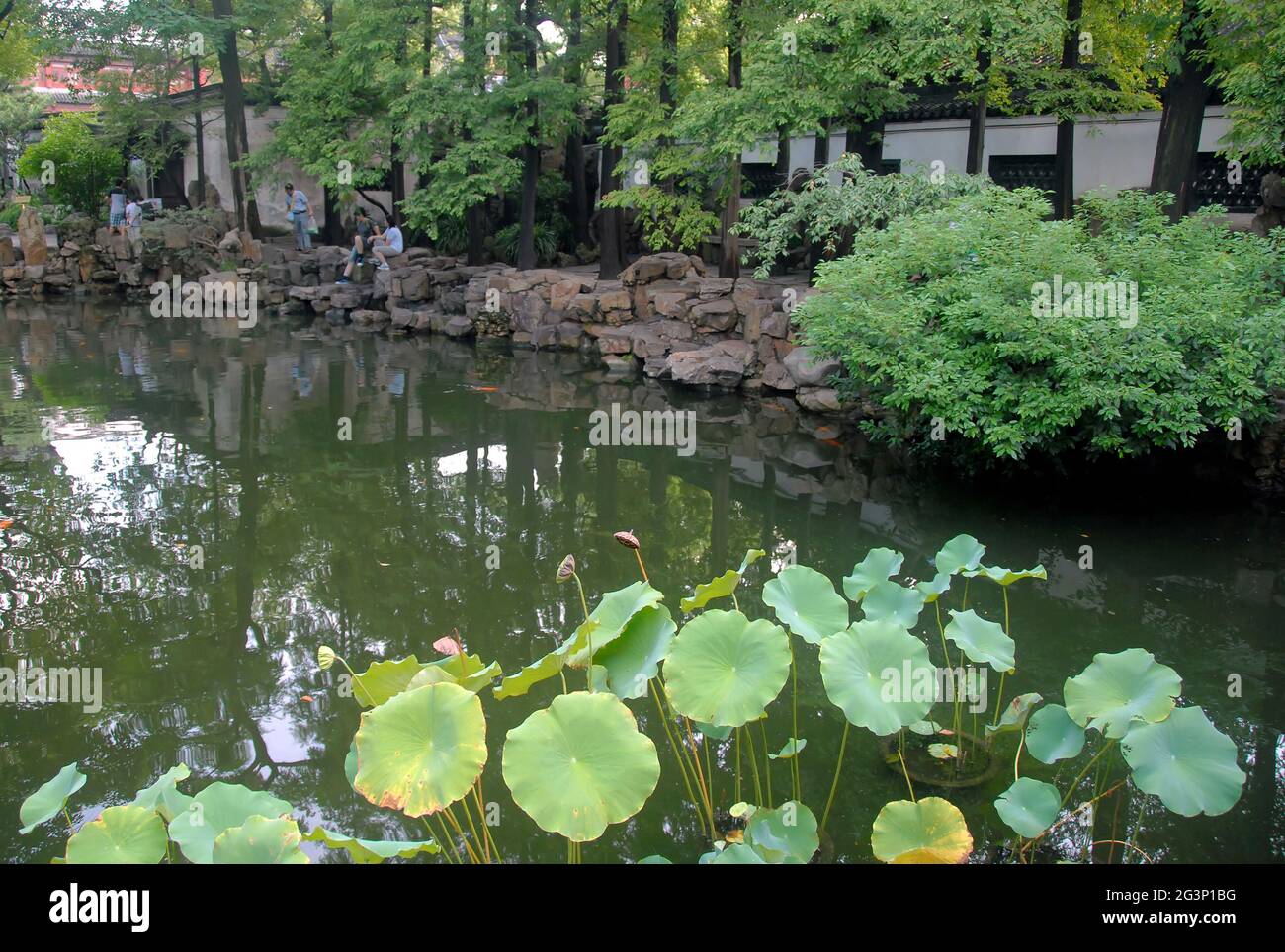 Yu Yuan Garten in der Altstadt von Shanghai, China. Ein traditioneller chinesischer Garten mit Bäumen, Felsen und Wasser. Blick auf den See mit unkenntlichen Menschen. Stockfoto