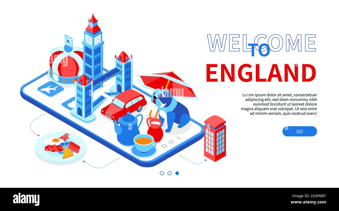 Willkommen in England - farbenfrohes isometrisches Webbanner mit Platz für Text. Englische Kultur und Traditionen. Big Ben, Telefonbox, Tee, Tower Bridge Stock Vektor