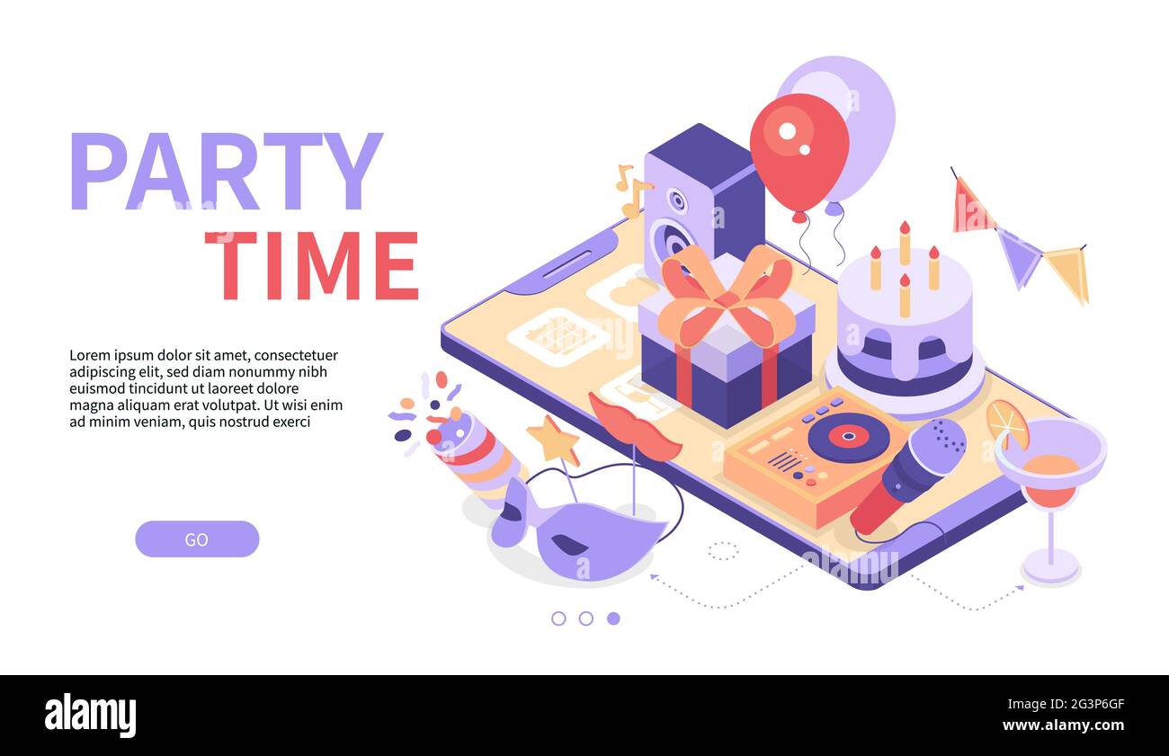 Party Time - modernes, farbenfrohes isometrisches Webbanner mit Platz für Text. Website-Header mit Feiertagsfeiern Symbole, Festival-Elemente. Flaggen, Stock Vektor