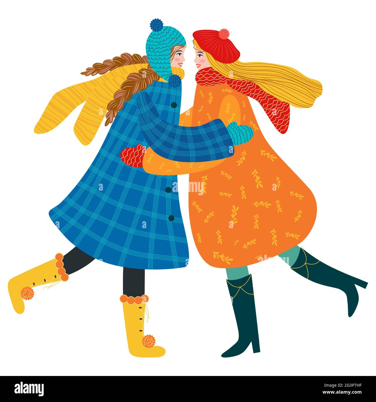 Glückliches Treffen zweier Freunde, die sich nach der Quarantäne umarmen, covid-19, lange Trennung. Glückliche lächelnde Frau, die Freundschaft, Unterstützung und Zusammenarbeit genießt. Le Stock Vektor