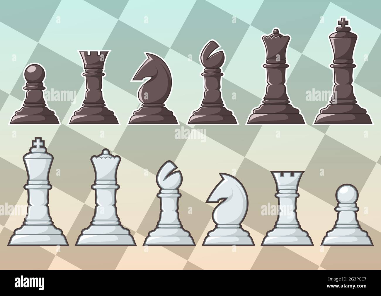 Schachfiguren auf einem blauroten und orangefarbenen Schachbrett-Hintergrund Stock Vektor