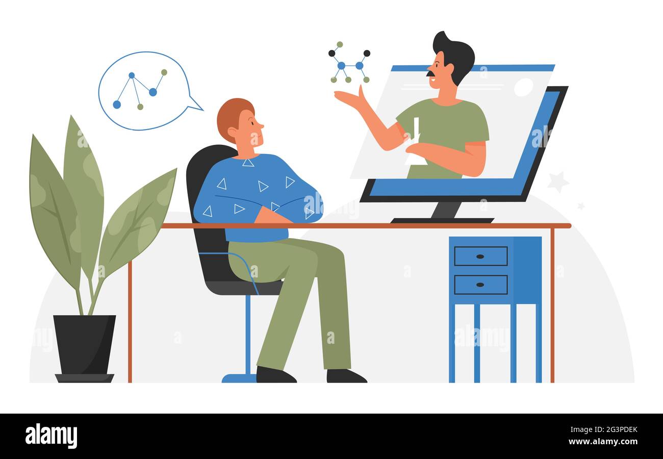 Online-Video Tutorial Lektion, Remote-Bildung Vektor Illustration. Cartoon Student Mann Figur sitzt am Computer-Schreibtisch, Fernstudium auf Videocall Internet-Vorlesung oder Webinar isoliert auf weiß Stock Vektor