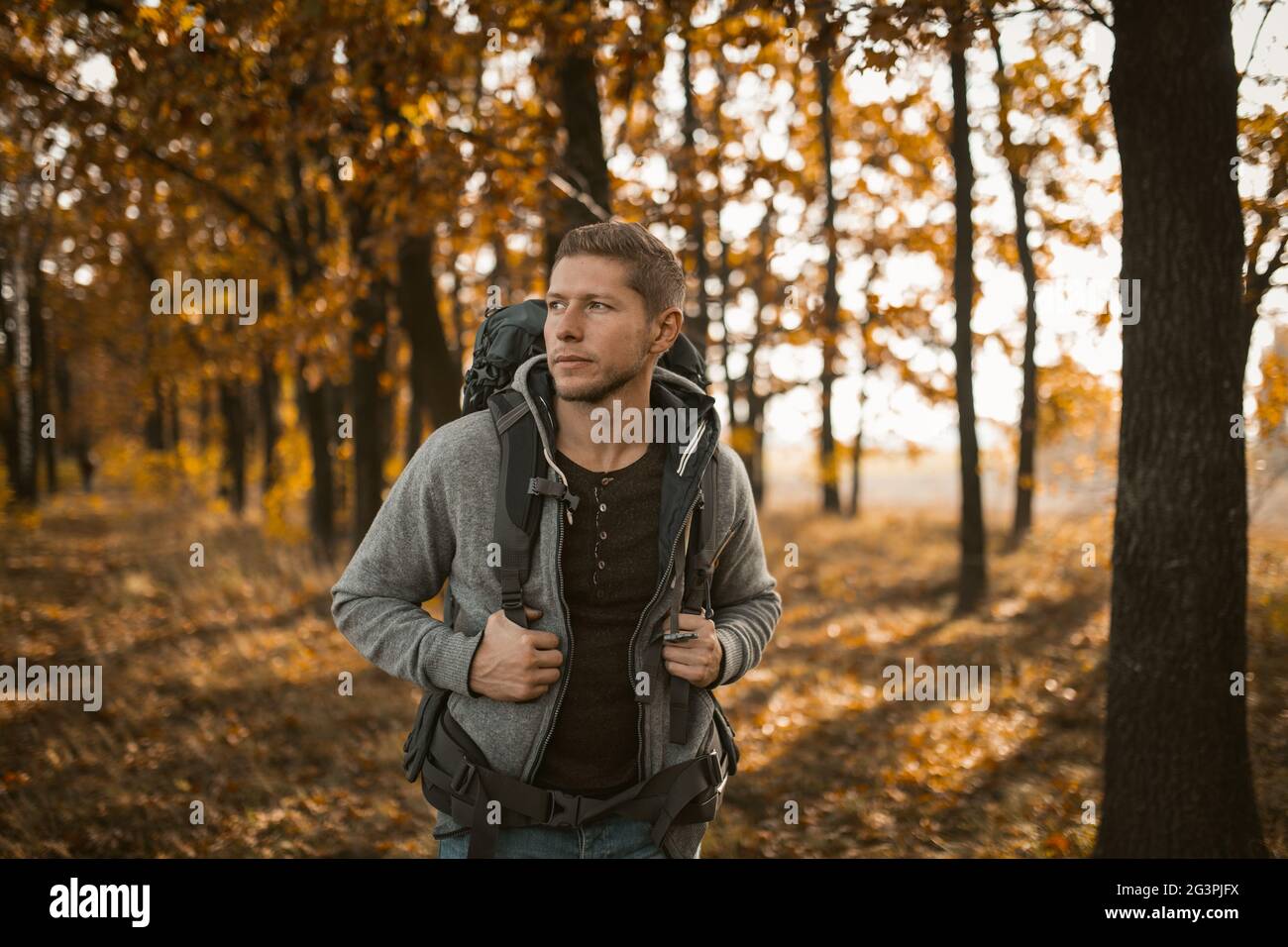 Junger Backpacker Beim Wandern Im Herbstwald Stockfoto