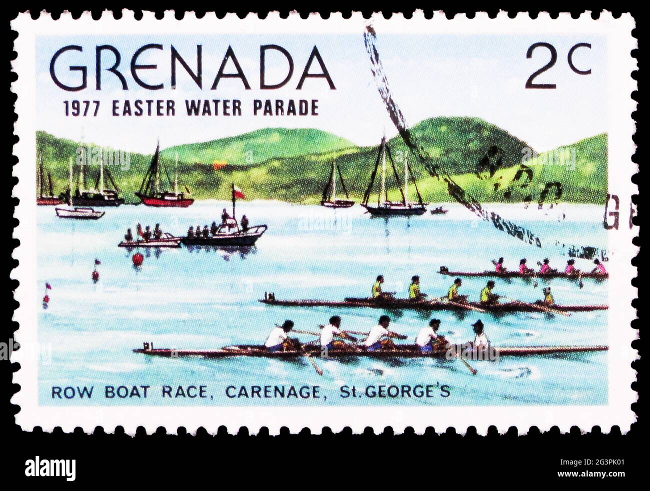 MOSKAU, RUSSLAND - 29. MÄRZ 2020: Die in Grenada gedruckte Briefmarke zeigt die Ruderregatta, die Easter Water Parade Serie, um 1977 Stockfoto