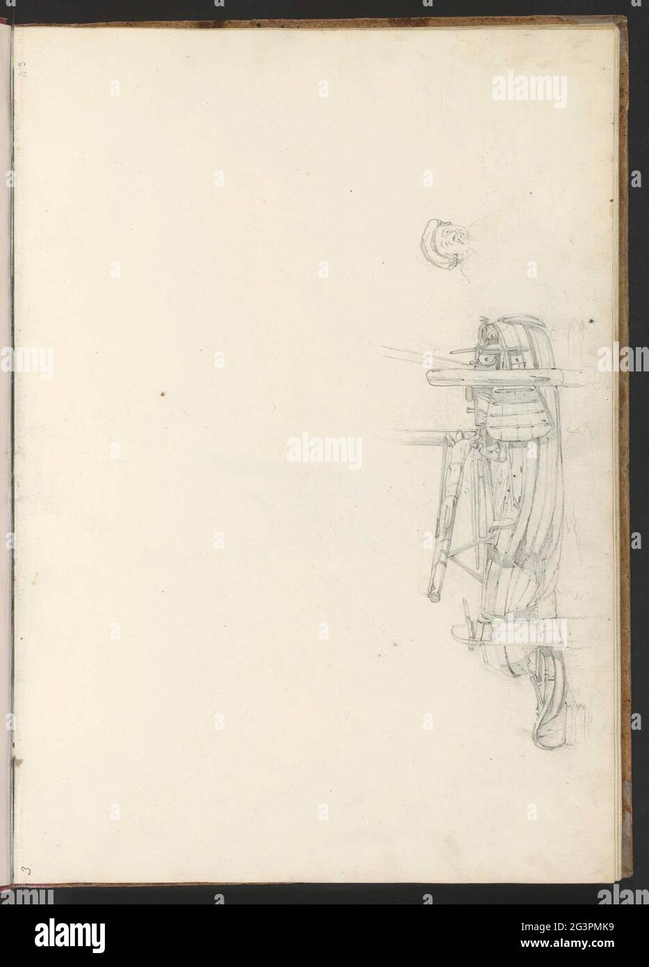 Segelboot und Schlaufe. Auch eine Studie einer (karikaturalen) Tasse mit Kopfbedeckung. Blatt 3 recto aus einem Skizzenbuch mit 65 Blättern. Stockfoto