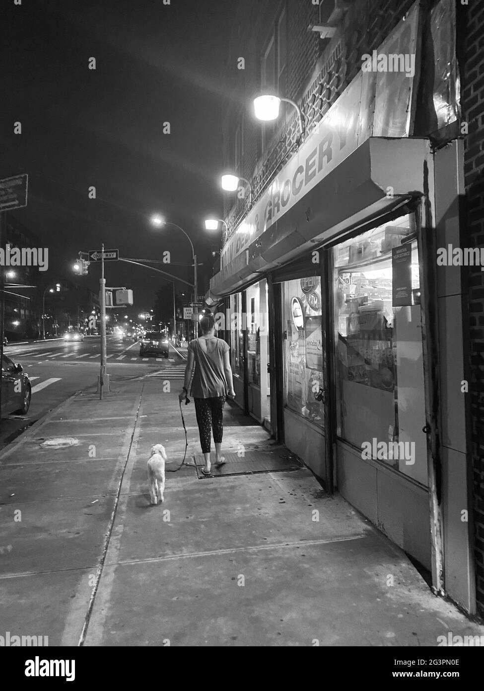 Frau geht abends auf der Church Avenue im Stadtteil Kensington in Brooklyn, New York, mit ihrem Hund spazieren. Stockfoto