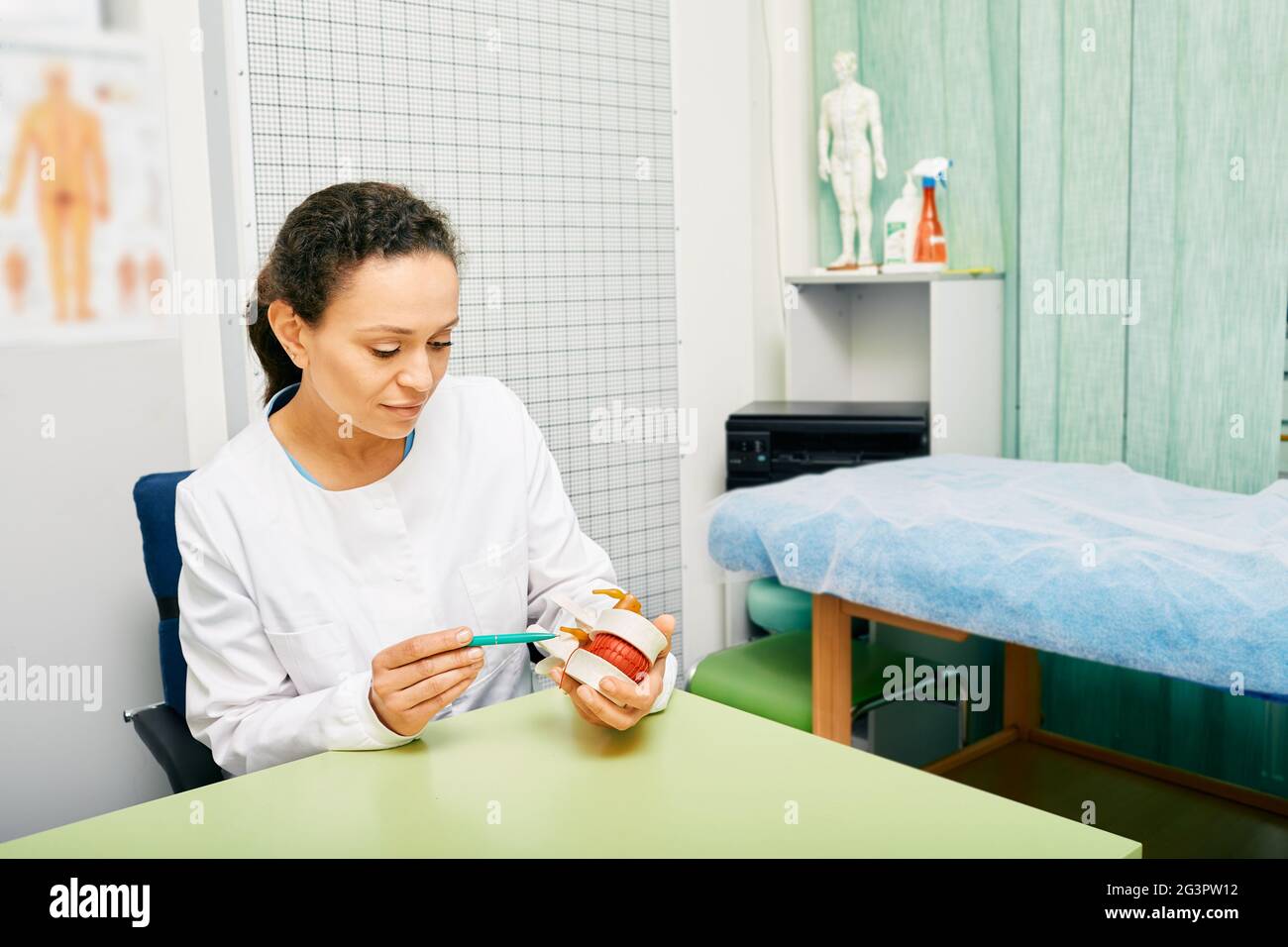 Osteopathin-Frau, Ärztin Vertebrologe zeigt Bandscheibenvorfall auf anatomischem Modell der Wirbelsäule in einer medizinischen Reha-Klinik Stockfoto