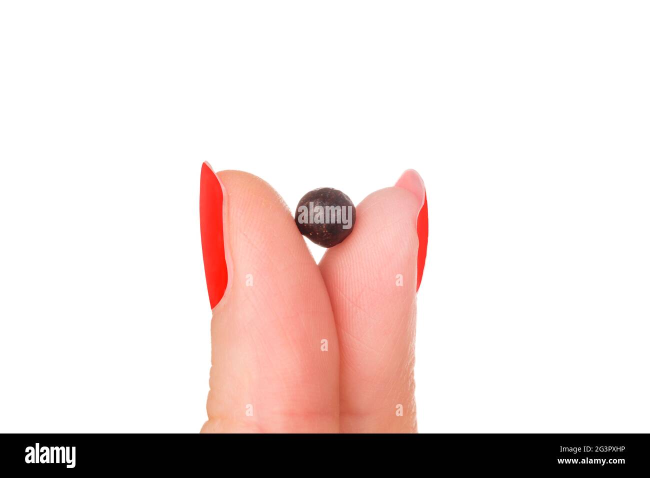 TCM-Kräuterpille in den Fingern der Frau. Stockfoto