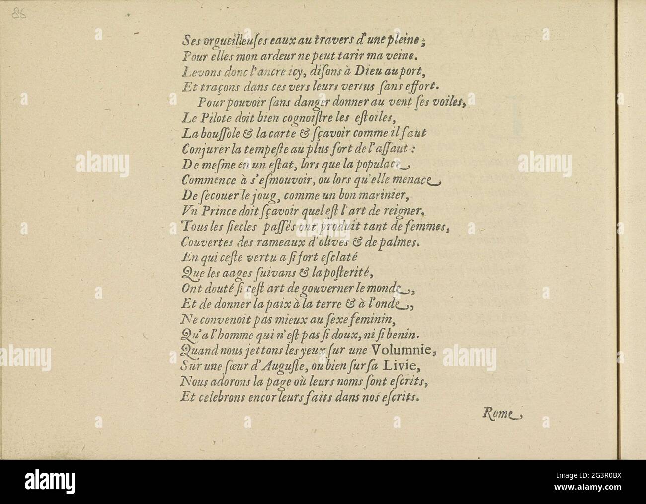 Französischsprachiges Gedicht über die Nymphen der Amstel, Seite 2; Aux nymphes de l'amstel; Les Vrais Pourtraits die Quelques UNES DES Plus Grandes Ladies De la Chesteden DESGUISEES und Bergeres .. Französischsprachiges Gedicht über die Nymphen der Amstel auf sieben Seiten: Seite 2. Das Magazin ist Teil eines Albums. Stockfoto