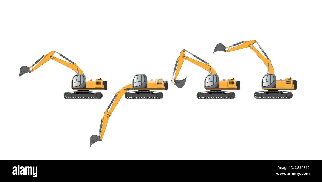 Eine Reihe von Vektorbildern eines Schaufelbaggers mit verschiedenen Positionen von Ausleger und Schaufel. Stock Vektor