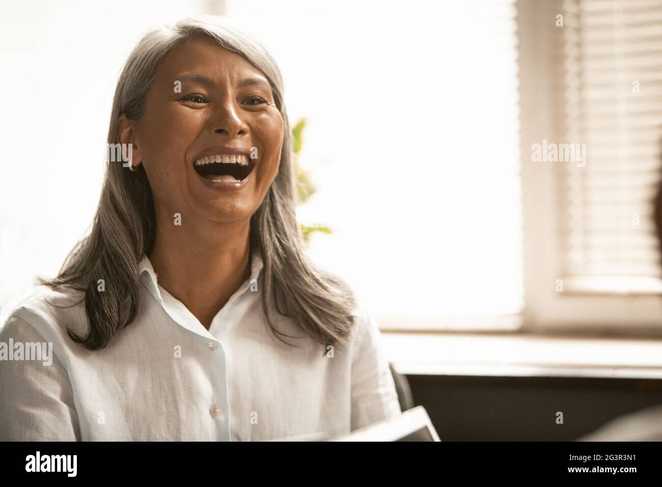 Lustige asiatische Geschäftsfrau, die beim Geschäftstreffen lacht. Grauhaarige ältere Dame haben Spaß im Büro. Nahaufnahme im Hochformat. Getönte im Stockfoto