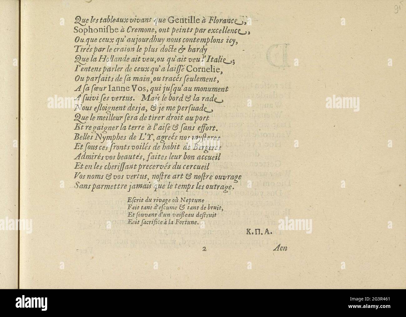 Französischsprachiges Gedicht über die Nymphen der Amstel, Seite 7; Aux nymphes de l'amstel; Les Vrais Pourtraits De Quelques UNES DES Plus Grandes Ladies De La Chrestiente DESGUISEES und Bergeres .. Französischsprachiges Gedicht über die Nymphen der Amstel auf sieben Seiten. Dies ist die letzte Seite mit den Initialen K (Crispijn) P (im griechischen Alphabet; Passe), A (Amsterdam). Das Magazin ist Teil eines Albums. Stockfoto