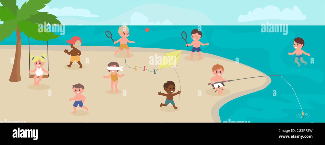 Gluckliche Kinder Spielen T Die Strand Cartoon Illustration Vektorgrafik Fur Den Sommer Stock Vektorgrafik Alamy