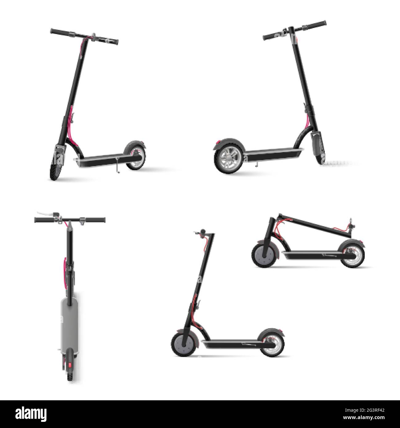 Schwarzer elektrischer Kick Scooter auf weißem Hintergrund realistische Vektor-Illustration. Stock Vektor