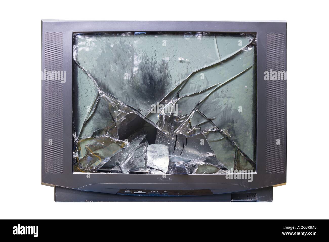 Altes schäbiges Fernsehgerät mit kaputtem Glasrohr, Binge Watching, Verbrechen, Abfall Stockfoto