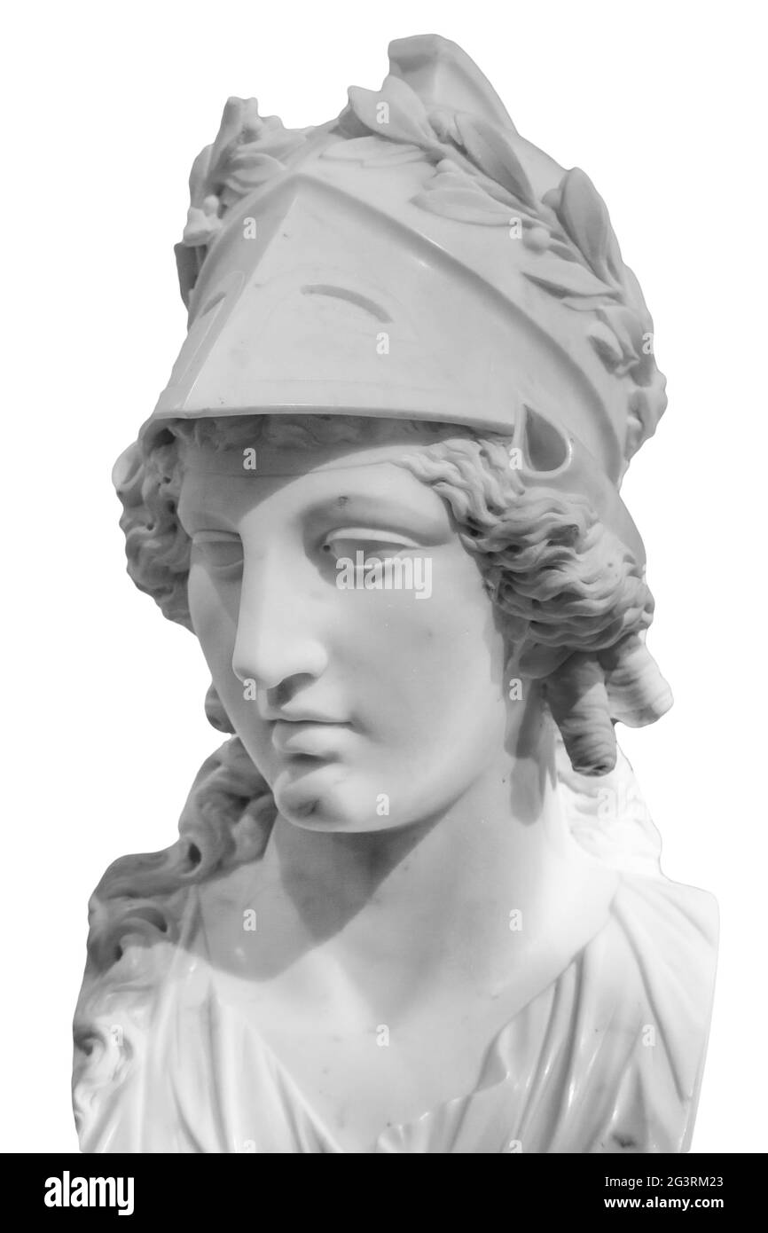 Griechische alte Statue der Göttin Athena. Frau Marmorkopf in Helmskulptur isoliert auf weiß Stockfoto