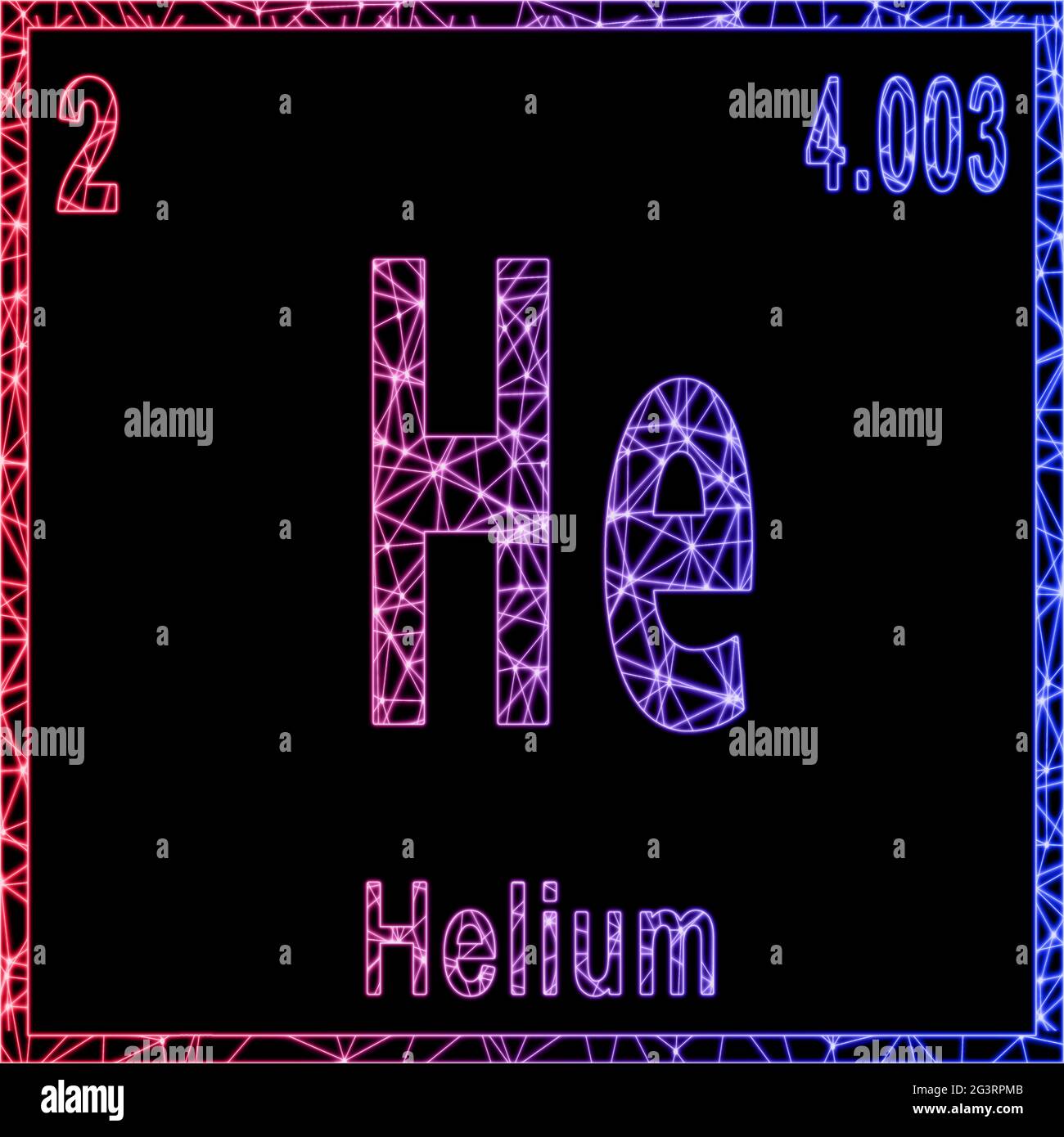 Chemisches Helium-Element, Zeichen mit Ordnungszahl und Atomgewicht, Stockfoto