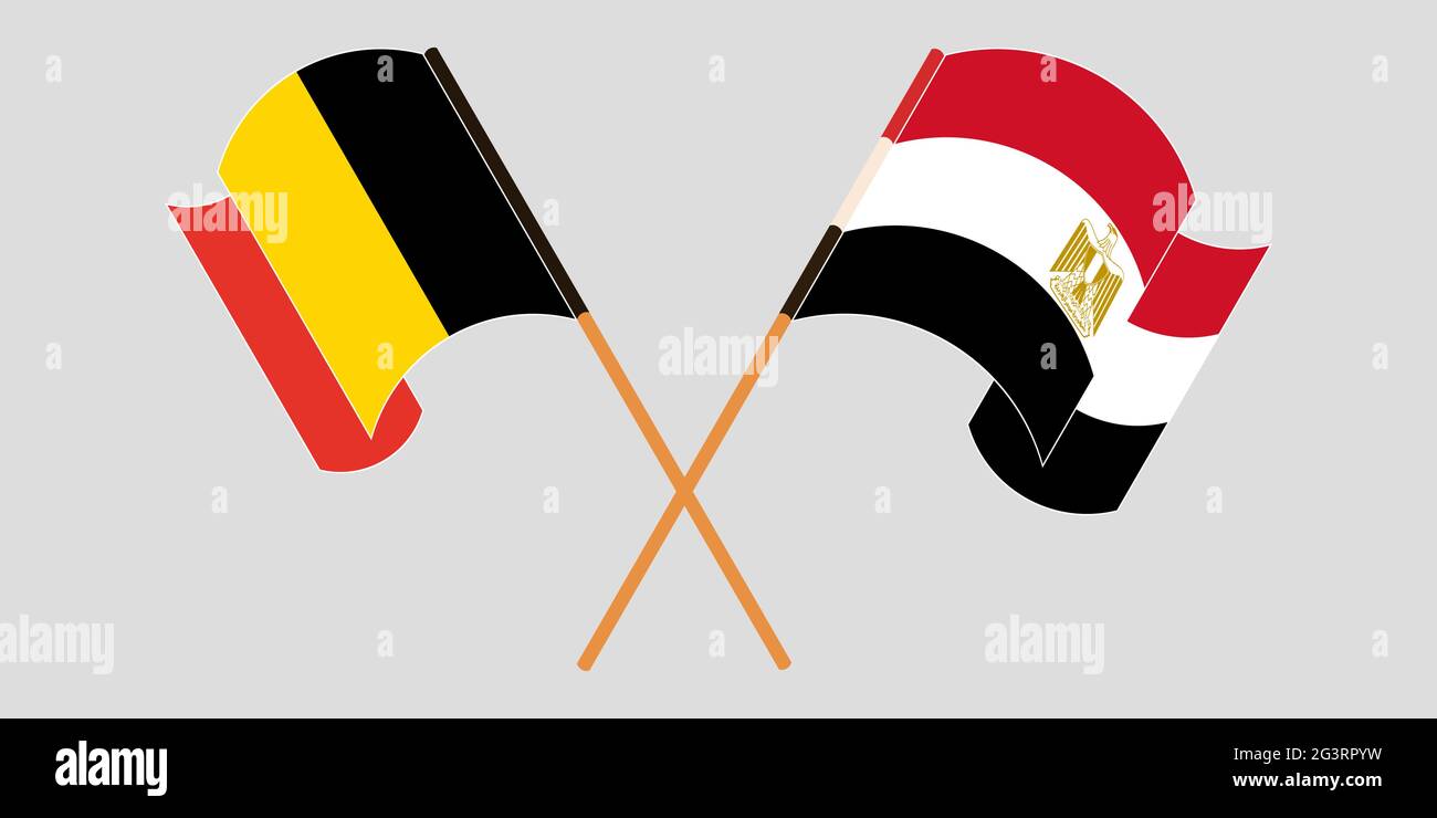 Gekreuzte und winkende Flaggen von Ägypten und Belgien. Vektorgrafik Stock Vektor
