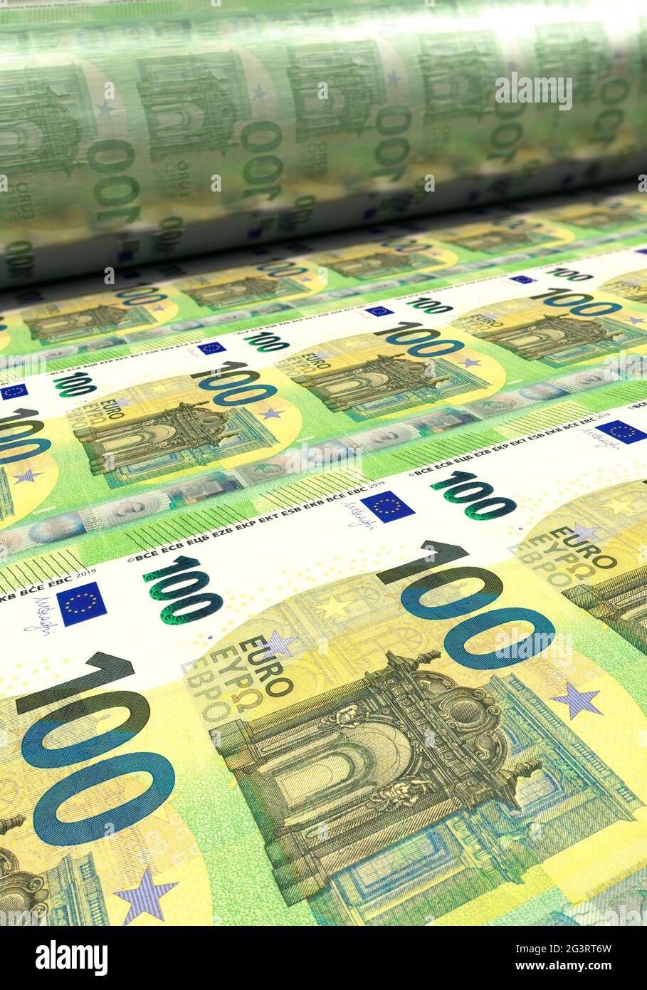 100 Euro Banknoten sind gedruckt, Hochformat Stockfoto