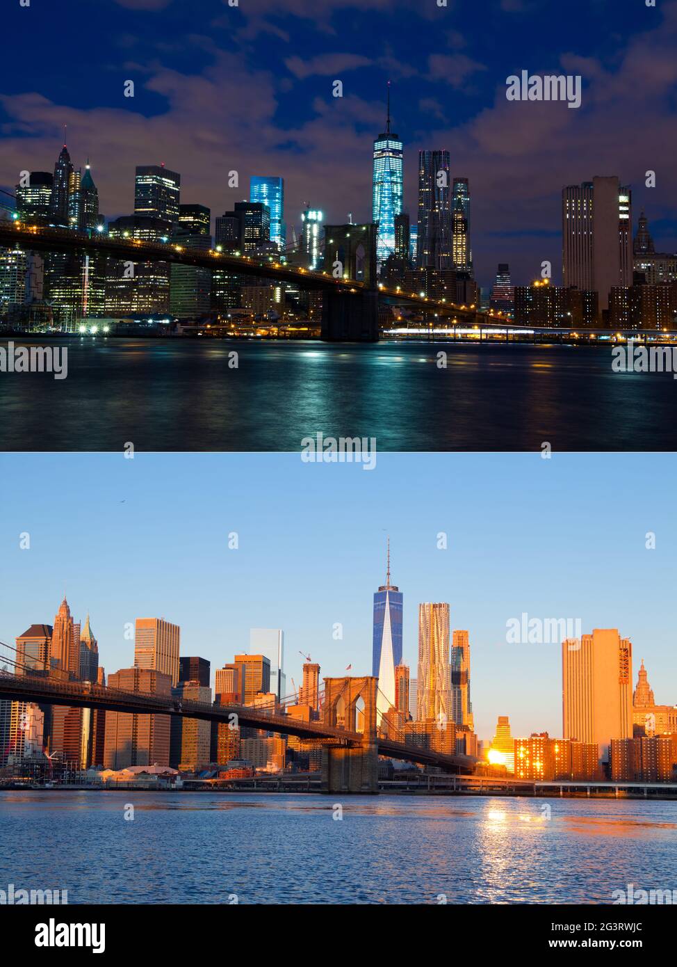 Nacht und Morgen über Manhattan. Einzelner Aufnahmepunkt Stockfoto