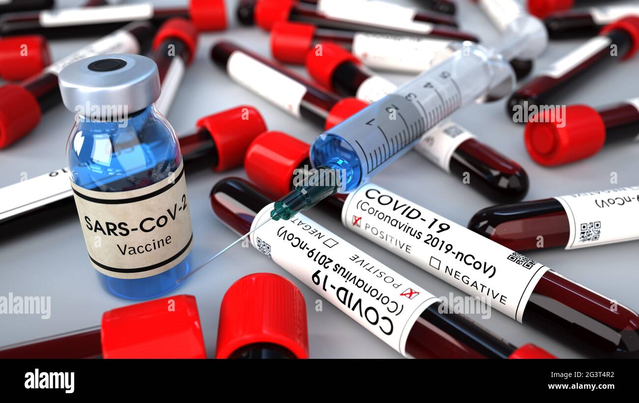 Impfstoffflaschen Mit Positiven Blutproben Stockfoto