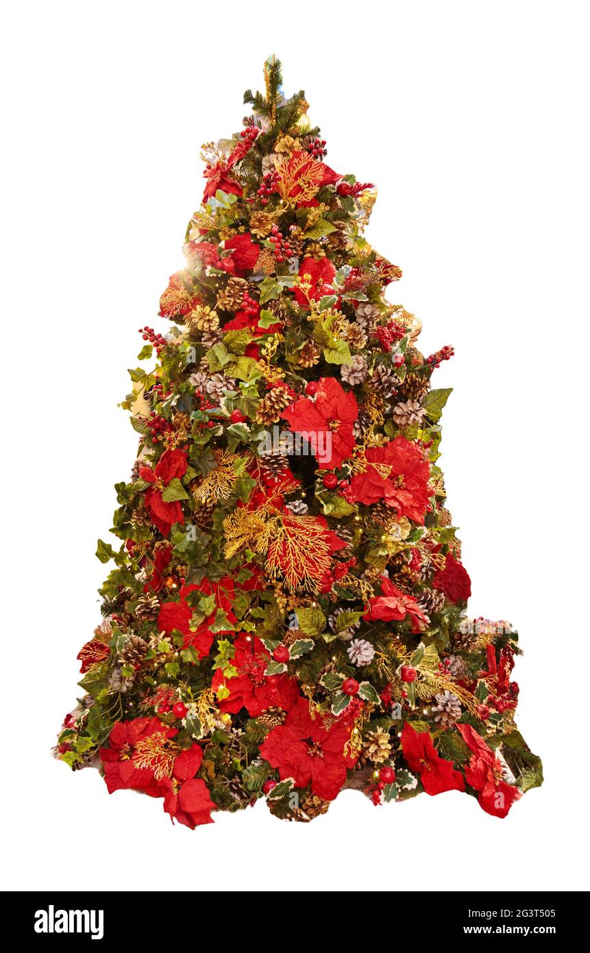 Dekoriert Gold Weihnachtsbaum mit golder Patchwork Ornament knstliche  Sterne Herzen Kugeln Glocken Geschenke fr neues Jahr isoliert o  Stockfotografie - Alamy