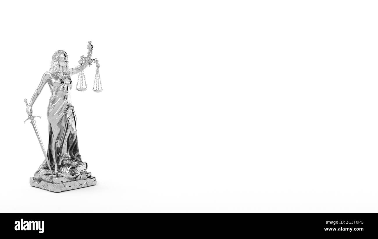 Silberne Lady Justice Statue Weiß Stockfoto