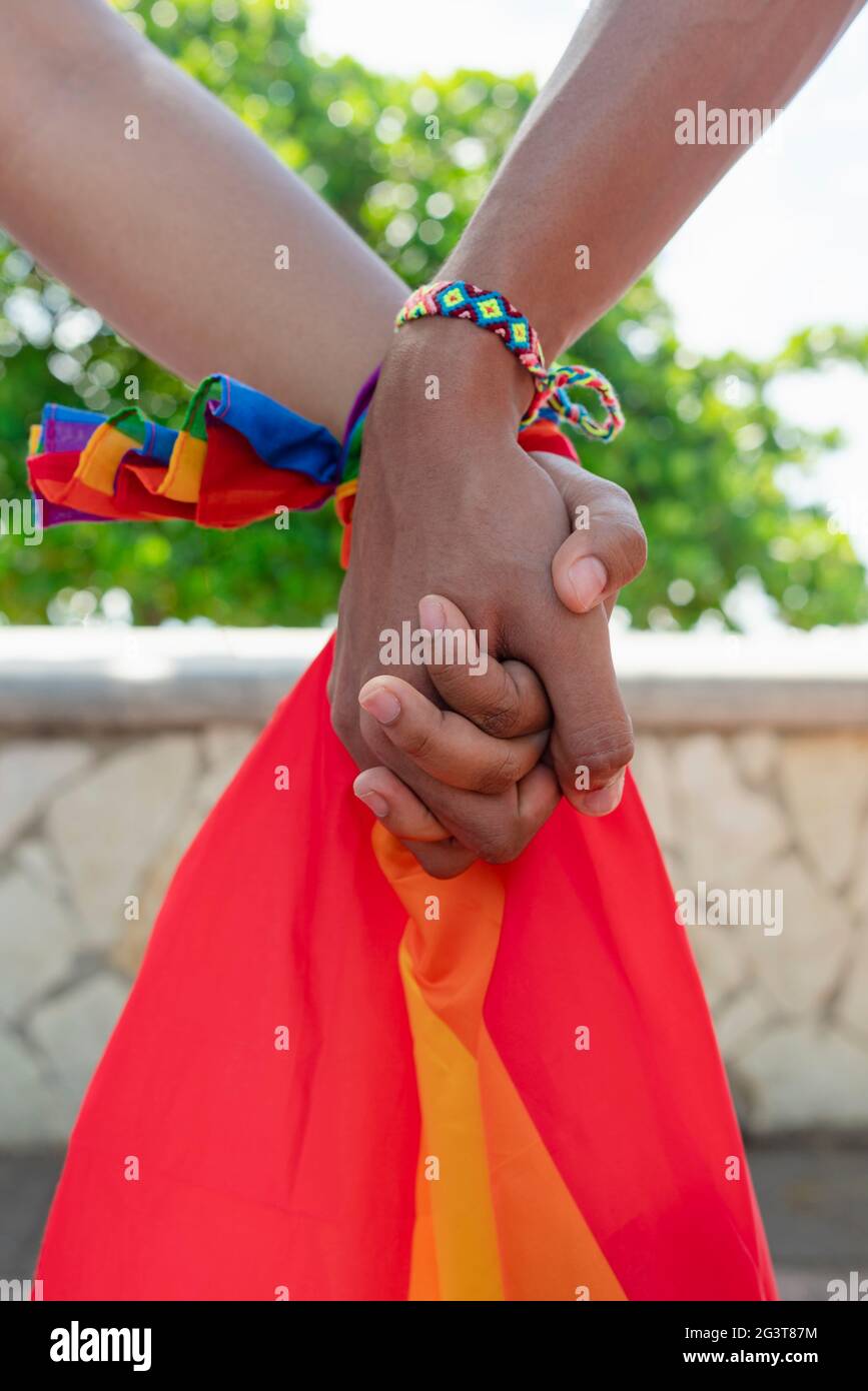 schwule Paare halten an einem sonnigen Tag die lgbt-Flagge in der Hand Stockfoto