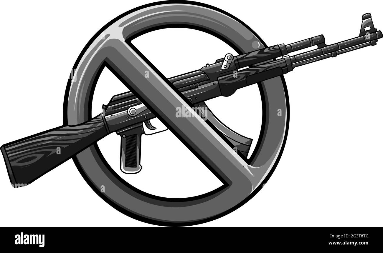 Silhouette des Sturmgewehrs mit Schild darüber - Waffenverbot. Stock Vektor