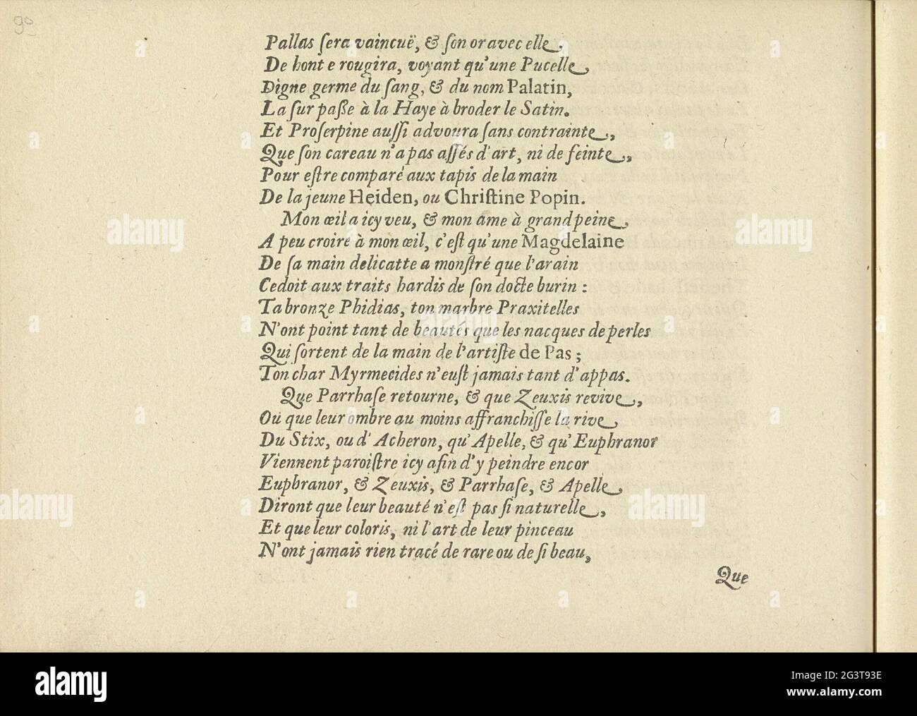 Französischsprachiges Gedicht über die Nymphen der Amstel, Seite 6; Aux nymphes de l'amstel; Les Vrais Pourtraits die Quelques UNES DES Plus Grandes Ladies De la Chesteden DESGUISEES und Bergeres .. Französischsprachiges Gedicht über die Nymphen der Amstel auf sieben Seiten: Seite 6. Das Magazin ist Teil eines Albums. Stockfoto