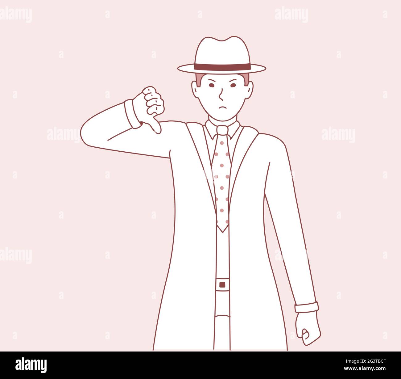 Vektor-Illustration eines Mannes, der eine Geste der Uneinigkeit und negativen Emotionen auf seinem Gesicht zeigt. Männer Detektiv Cartoon-Kunst Stockfoto