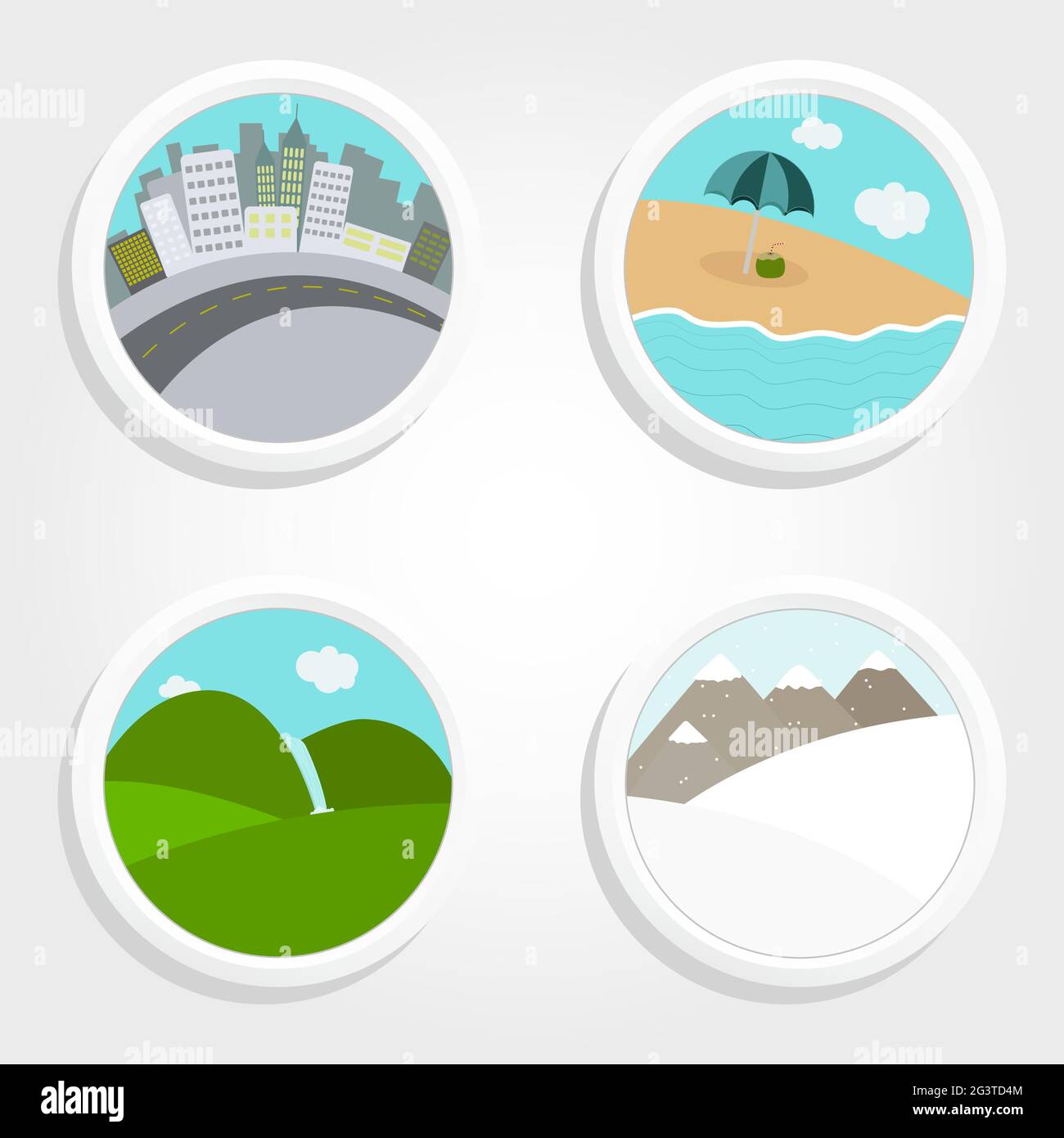 Vier verschiedene Landschaften in einer kreisförmigen und weißen Ikone: Strände, Berge, Schnee, Stadt Stock Vektor
