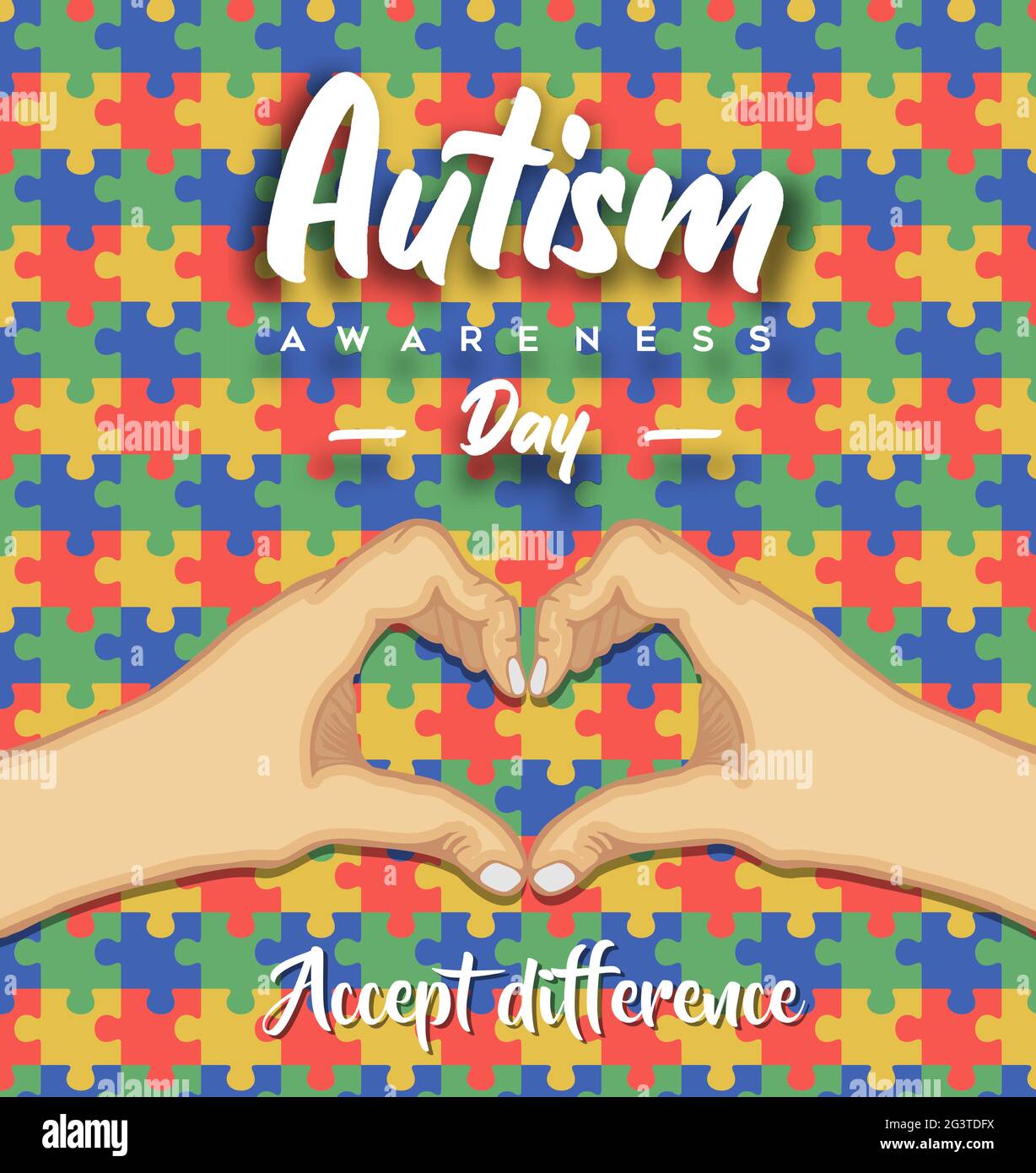 Autismus-Bewusstsein Tag Grußkarte Illustration der Hände zusammen machen Herzform mit bunten Puzzle-Spiel Hintergrund. Autistische Kinder lernen abili Stock Vektor