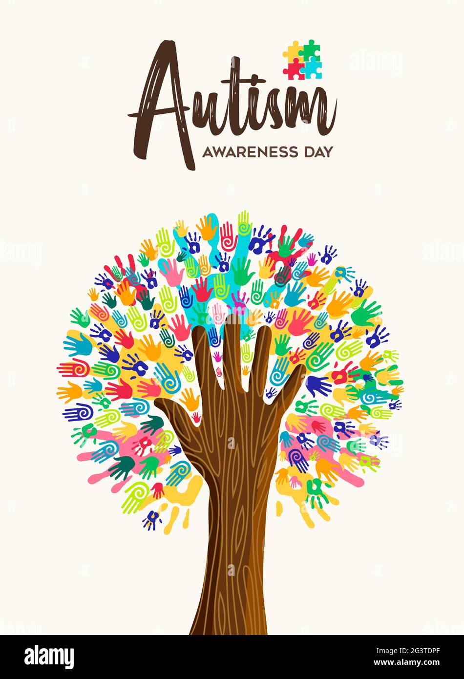 Autismus Awareness Day Grußkarte Illustration von bunten verschiedenen Kind Hand drucken zusammen machen Baumform. Autistische Kinder lernen Fähigkeit su Stock Vektor
