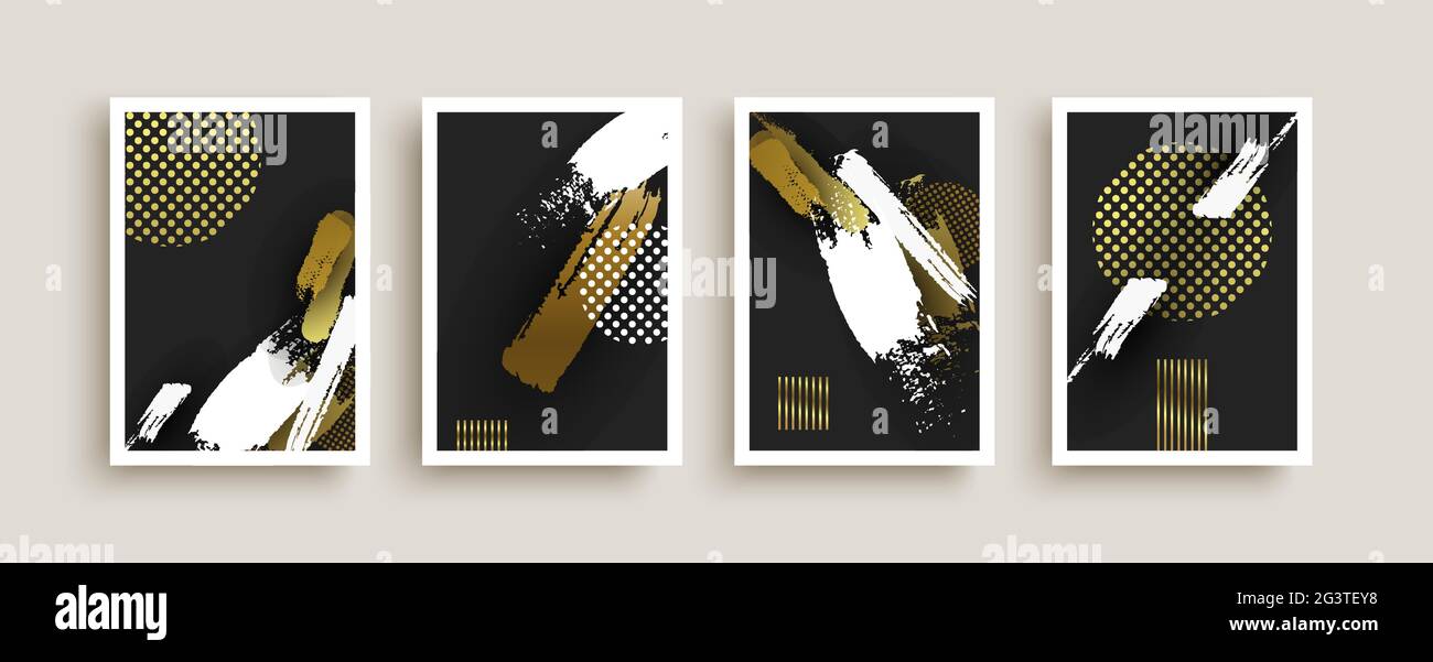 Abstrakte grunge-Gold- und schwarze Illustrationssammlung im handgezeichneten Stil. Luxuriöses minimalistisches goldenes Rahmenset für Business-Vorlage oder Premium-Design Stock Vektor