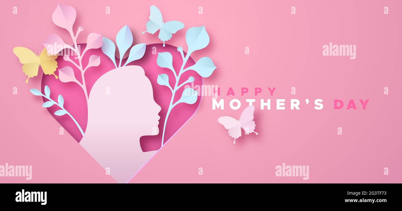 Bannerillustration „Happy Mother's Day“ im 3d-Papierschnitt. Rosa Papier Handwerk Herz, Natur Pflanze Blatt und Schmetterling. Mama liebt Urlaub Event-Design. Stock Vektor