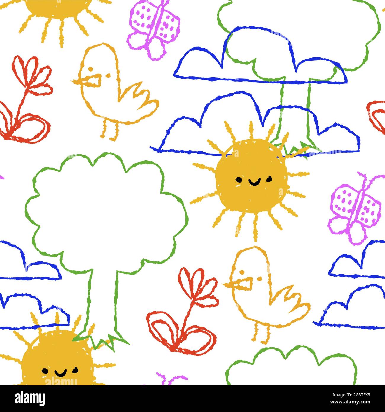 Lustige Kinder Doodle Cartoon nahtlose Muster Illustration mit bunten Natur Dekoration und Tiere. Kindliche Hand gezeichnet Bleistift Hintergrund für Kind Stock Vektor